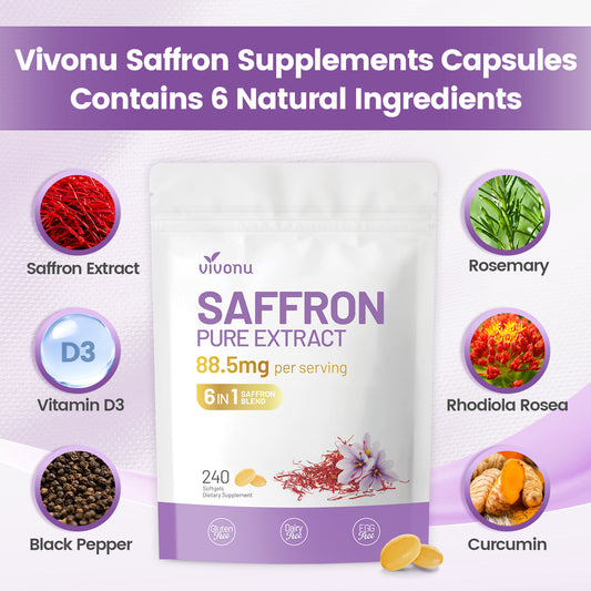 Suplementos de azafrán para la salud: cápsulas blandas con extracto de azafrán; favorecen la salud ocular, la energía, el estado de ánimo, la inmunidad y la concentración; ricas en vitaminas y extracto de cúrcuma.