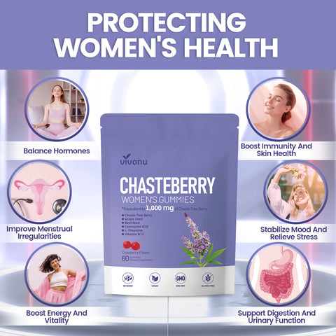Vitex Chasteberry Supplement for Women Gummies, 1000mg Chasteberry Extract, Contains Grape Seeds, Coenzyme Q10 Vitamin B12 and Other Hormone Balance Menstrual Cramp Relief (60 Gummies/1Pack)