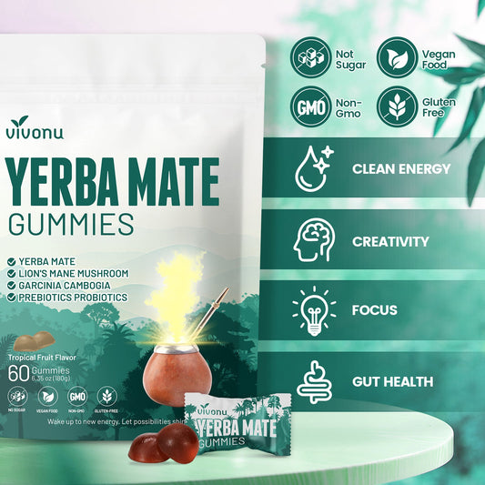 Gomitas de yerba mate VivoNu con melena de león, prebióticos y probióticos para la concentración, el equilibrio del estado de ánimo y la salud intestinal; fórmula de origen vegetal, 60 gomitas.