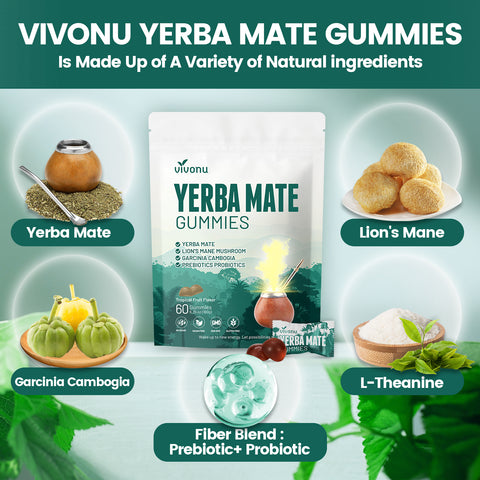 VivoNu Yerba MateGummies WithLion's Mane +Prebiotics & ProbioticsFocus + Mood.Balance Gut SupportPlant-Based Formula60 Gummies