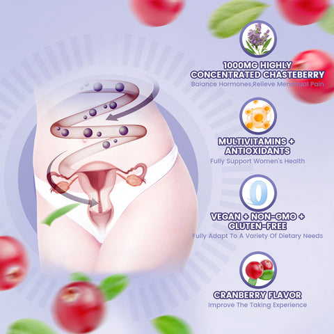 Vitex Chasteberry Supplement for Women Gummies, 1000mg Chasteberry Extract, Contains Grape Seeds, Coenzyme Q10 Vitamin B12 and Other Hormone Balance Menstrual Cramp Relief (60 Gummies/1Pack)