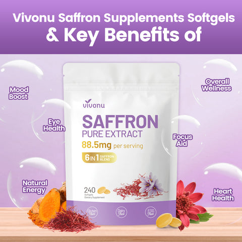 Saffron Supplements Softgels, Saffron Extract Supports Eyes Health, Energy, Mood, Immunity, Focus, Rich in Vitamin and Extracts of Saffron, Turmeric