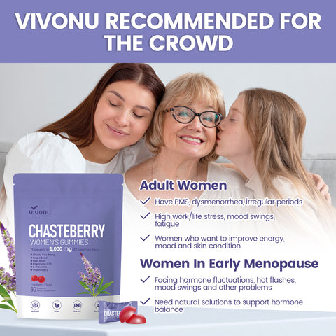 Vitex Chasteberry Supplement for Women Gummies, 1000mg Chasteberry Extract, Contains Grape Seeds, Coenzyme Q10 Vitamin B12 and Other Hormone Balance Menstrual Cramp Relief (60 Gummies/1Pack)