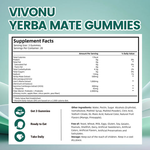 VivoNu Yerba MateGummies WithLion's Mane +Prebiotics & ProbioticsFocus + Mood.Balance Gut SupportPlant-Based Formula60 Gummies