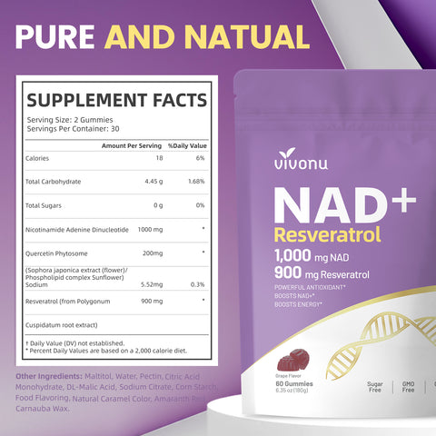 NAD Supplement, NAD+ Resveratrol Gummies 60 Count