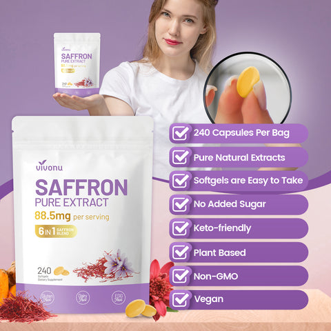 Saffron Supplements Softgels, Saffron Extract Supports Eyes Health, Energy, Mood, Immunity, Focus, Rich in Vitamin and Extracts of Saffron, Turmeric
