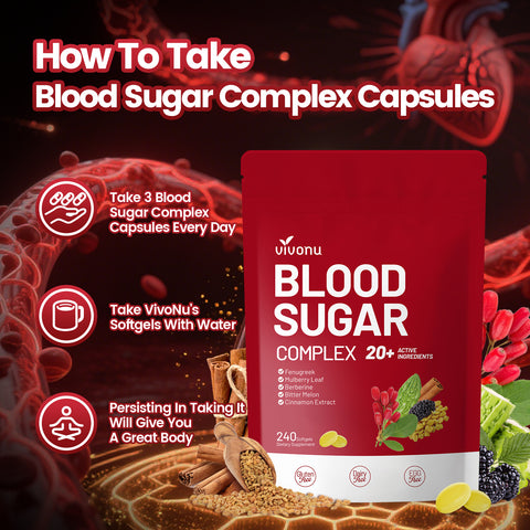 Blood Sugar Complex Supplement | Advanced Formula with 20 Herbs and Vitamins with Cinnamon, Turmeric, Black Pepper, Licorice and More, Vegan, Non-GMO, Gluten-Free (240 Softgels/1 Bag)