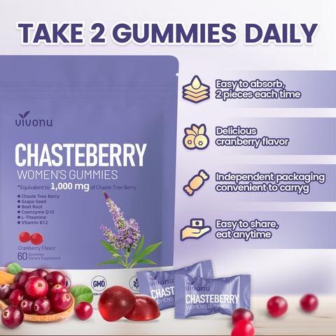 Vitex Chasteberry Supplement for Women Gummies, 1000mg Chasteberry Extract, Contains Grape Seeds, Coenzyme Q10 Vitamin B12 and Other Hormone Balance Menstrual Cramp Relief (60 Gummies/1Pack)