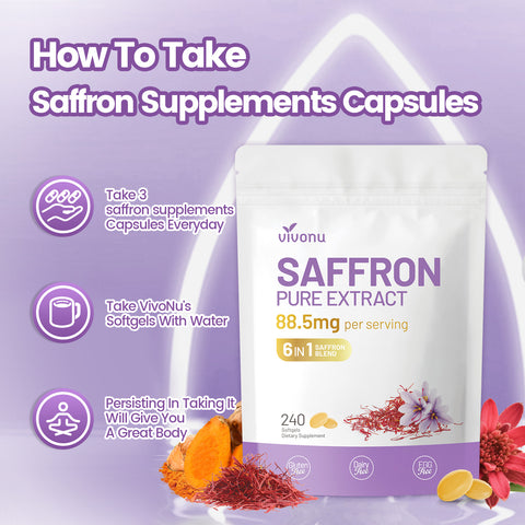 Saffron Supplements Softgels, Saffron Extract Supports Eyes Health, Energy, Mood, Immunity, Focus, Rich in Vitamin and Extracts of Saffron, Turmeric