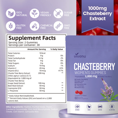 Vitex Chasteberry Supplement for Women Gummies, 1000mg Chasteberry Extract, Contains Grape Seeds, Coenzyme Q10 Vitamin B12 and Other Hormone Balance Menstrual Cramp Relief (60 Gummies/1Pack)