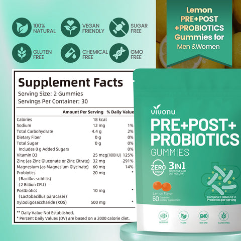 Probiotics for Digestive Health Gummies, 3 in 1 Intestinal Digestion, Contains 2 Billion CFU Probiotic, Zinc, Magnesium and Vitamin D3, Men's Probiotics for Women, Zero Sugar Non GMO 60 Gummy