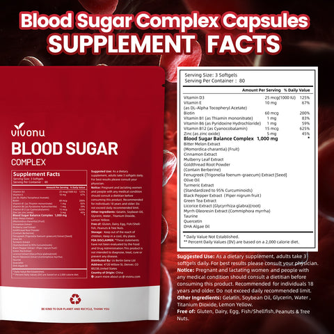 Blood Sugar Complex Supplement | Advanced Formula with 20 Herbs and Vitamins with Cinnamon, Turmeric, Black Pepper, Licorice and More, Vegan, Non-GMO, Gluten-Free (240 Softgels/1 Bag)