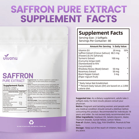 Saffron Supplements Softgels, Saffron Extract Supports Eyes Health, Energy, Mood, Immunity, Focus, Rich in Vitamin and Extracts of Saffron, Turmeric