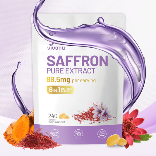 Suplementos de azafrán para la salud: cápsulas blandas con extracto de azafrán; favorecen la salud ocular, la energía, el estado de ánimo, la inmunidad y la concentración; ricas en vitaminas y extracto de cúrcuma.
