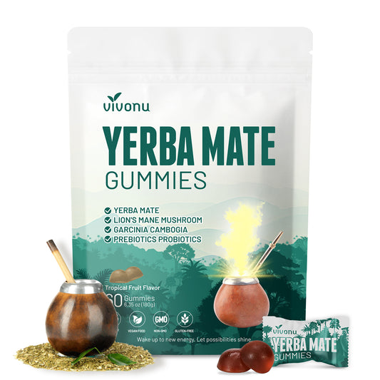 Gomitas de yerba mate VivoNu con melena de león, prebióticos y probióticos para la concentración, el equilibrio del estado de ánimo y la salud intestinal; fórmula de origen vegetal, 60 gomitas.