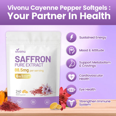Saffron Supplements Softgels, Saffron Extract Supports Eyes Health, Energy, Mood, Immunity, Focus, Rich in Vitamin and Extracts of Saffron, Turmeric
