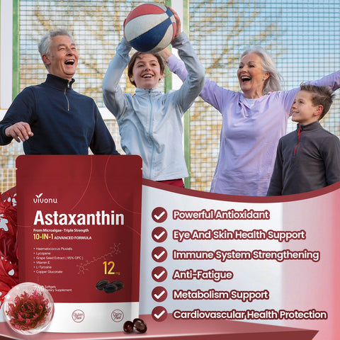 10 in 1 Astaxanthin 12mg Supplements, 4 Month Supply, Astaxantina Antioxidant from Fresh Haematococcus Pluvialis, Contains Lycopene, Grape Seed, Vitamin E, & More Supports Eye, Joints, Skin Health
