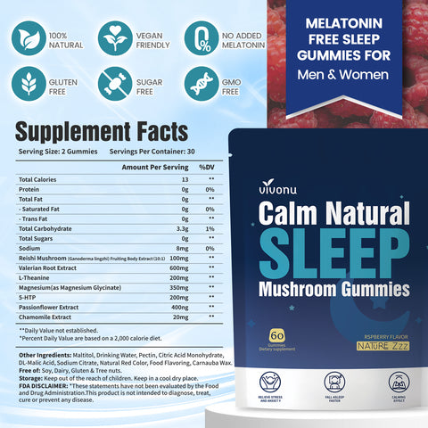 Sleep Gummies Melatonin Free with L-Theanine, Magnesium, Reishi Mushroom | Non-Habit Forming Sleep Aid | Non-GMO Sleep Support Gummies for Adults | Raspberry Flavor (60pcs)