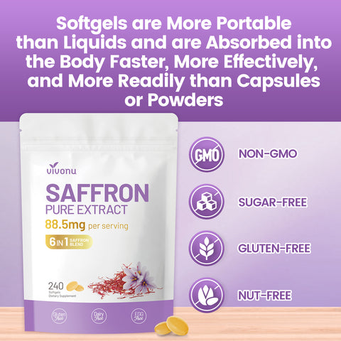 Saffron Supplements Softgels, Saffron Extract Supports Eyes Health, Energy, Mood, Immunity, Focus, Rich in Vitamin and Extracts of Saffron, Turmeric