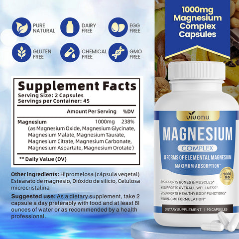 VivoNu 8-in-1 Magnesium Complex 1000mg - High Absorption Magnesium Glycinate, Citrate & Malate - Vegan, 90 Capsules
