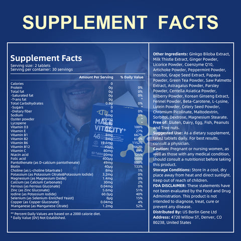 Male Vitality+ Support Male Vitality Comprehensive Functional Health & Strength Training | 46-in-1 Formula | Contain Oyster Extract Artichoke CoQ10 Multivitamins Saw palmetto Grape Seed And More | Total Men’s Health Support
