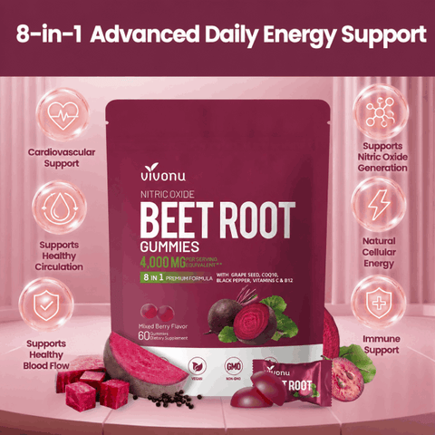 VivoNu Super Beetroot Gummies, Daily Energy & Plant-Based Nutrient Supplement, 60 Count