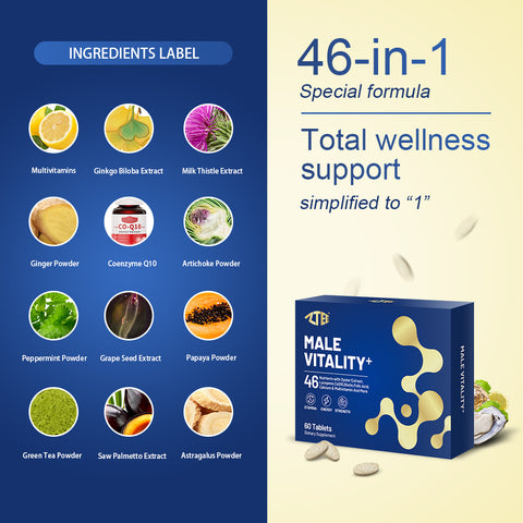 Male Vitality+ Support Male Vitality Comprehensive Functional Health & Strength Training | 46-in-1 Formula | Contain Oyster Extract Artichoke CoQ10 Multivitamins Saw palmetto Grape Seed And More | Total Men’s Health Support