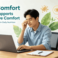 Man rubbing tired eyes at desk illustration for VivoNu Lutein eye comfort supplement