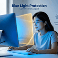 Woman working on computer with blue light filter concept for VivoNu screen time eye support