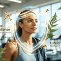 VivoNu Daily Lutein Protection Promotional Image: An energetic woman in the gym and eye-protection-themed graphics.