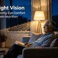Senior man watching TV in evening illustrating VivoNu lutein supplement for evening eye comfort
