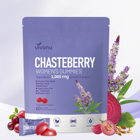 Vitex Chasteberry Supplement for Women Gummies, 1000mg Chasteberry Extract, Contains Grape Seeds, Coenzyme Q10 Vitamin B12 and Other Hormone Balance Menstrual Cramp Relief (60 Gummies/1Pack)