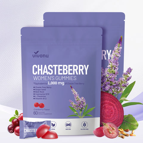 Vitex Chasteberry Supplement for Women Gummies, 1000mg Chasteberry Extract, Contains Grape Seeds, Coenzyme Q10 Vitamin B12 and Other Hormone Balance Menstrual Cramp Relief (60 Gummies/1Pack)