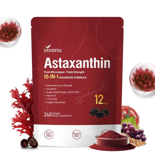 10 in 1 Astaxanthin 12mg Supplements, 4 Month Supply, Astaxantina Antioxidant from Fresh Haematococcus Pluvialis, Contains Lycopene, Grape Seed, Vitamin E, & More Supports Eye, Joints, Skin Health