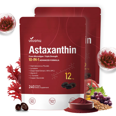 10 in 1 Astaxanthin 12mg Supplements, 4 Month Supply, Astaxantina Antioxidant from Fresh Haematococcus Pluvialis, Contains Lycopene, Grape Seed, Vitamin E, & More Supports Eye, Joints, Skin Health