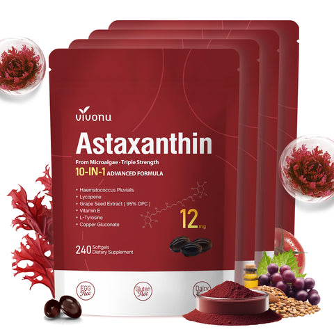 10 in 1 Astaxanthin 12mg Supplements, 4 Month Supply, Astaxantina Antioxidant from Fresh Haematococcus Pluvialis, Contains Lycopene, Grape Seed, Vitamin E, & More Supports Eye, Joints, Skin Health