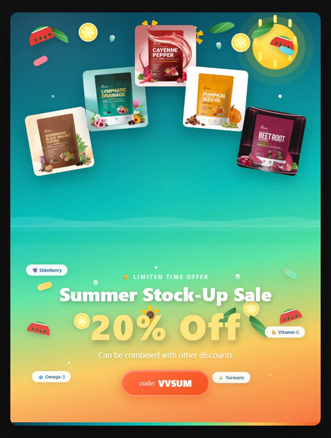 VivoNu Summer Sale promotion featuring daily wellness supplements with limited time discounts